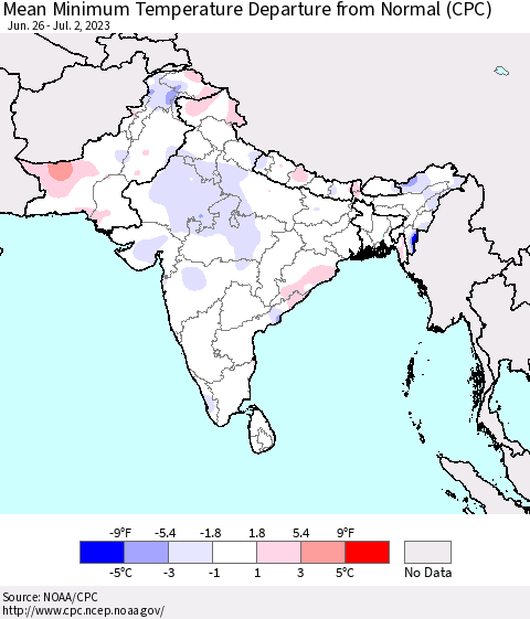 Southern Asia Mean Minimum Temperature Departure from Normal (CPC) Thematic Map For 6/26/2023 - 7/2/2023