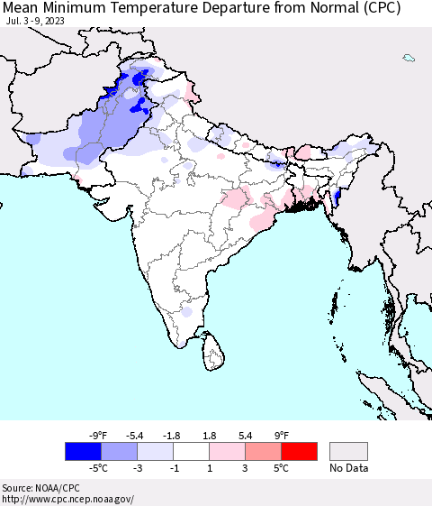 Southern Asia Mean Minimum Temperature Departure from Normal (CPC) Thematic Map For 7/3/2023 - 7/9/2023