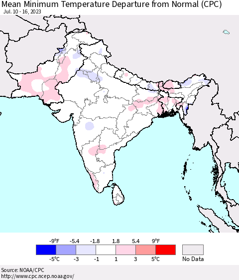 Southern Asia Mean Minimum Temperature Departure from Normal (CPC) Thematic Map For 7/10/2023 - 7/16/2023