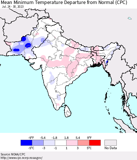 Southern Asia Mean Minimum Temperature Departure from Normal (CPC) Thematic Map For 7/24/2023 - 7/30/2023