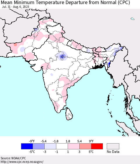 Southern Asia Mean Minimum Temperature Departure from Normal (CPC) Thematic Map For 7/31/2023 - 8/6/2023