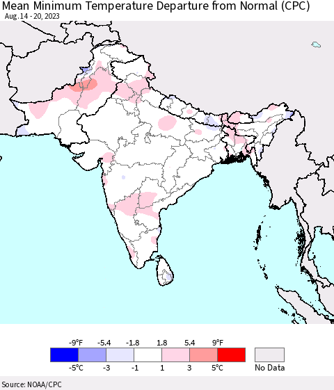 Southern Asia Mean Minimum Temperature Departure from Normal (CPC) Thematic Map For 8/14/2023 - 8/20/2023