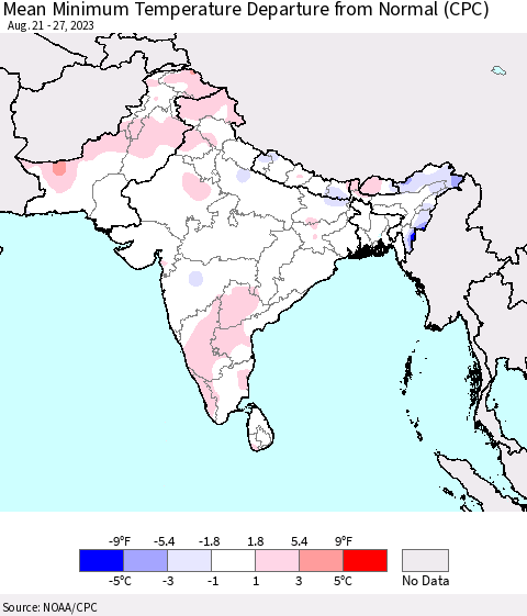 Southern Asia Mean Minimum Temperature Departure from Normal (CPC) Thematic Map For 8/21/2023 - 8/27/2023