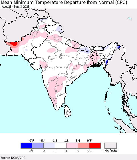 Southern Asia Mean Minimum Temperature Departure from Normal (CPC) Thematic Map For 8/28/2023 - 9/3/2023