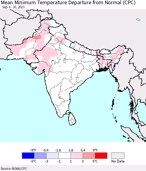 Southern Asia Mean Minimum Temperature Departure from Normal (CPC) Thematic Map For 9/4/2023 - 9/10/2023