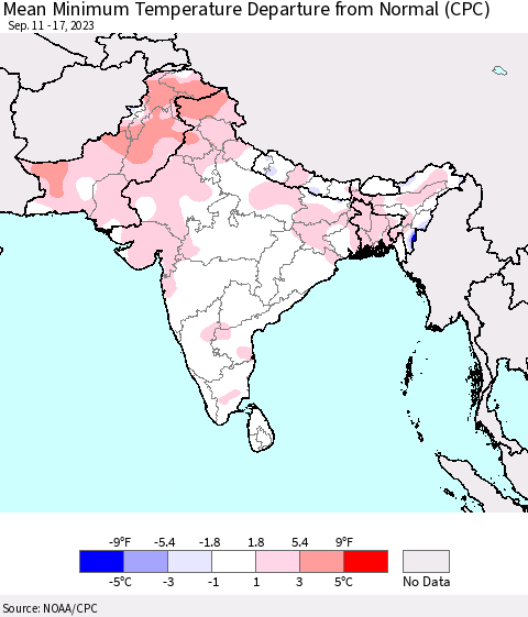 Southern Asia Mean Minimum Temperature Departure from Normal (CPC) Thematic Map For 9/11/2023 - 9/17/2023
