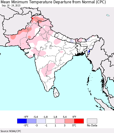Southern Asia Mean Minimum Temperature Departure from Normal (CPC) Thematic Map For 9/18/2023 - 9/24/2023