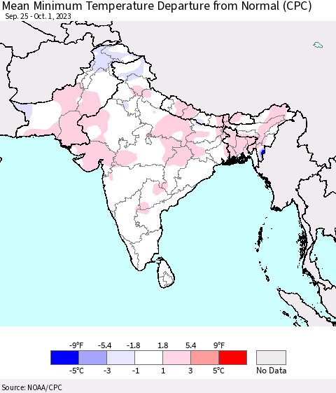 Southern Asia Mean Minimum Temperature Departure from Normal (CPC) Thematic Map For 9/25/2023 - 10/1/2023