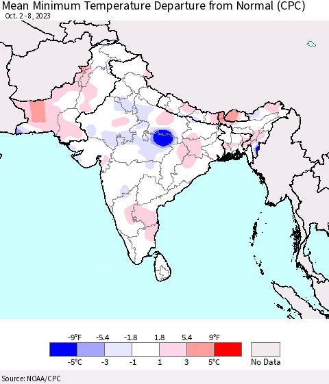 Southern Asia Mean Minimum Temperature Departure from Normal (CPC) Thematic Map For 10/2/2023 - 10/8/2023