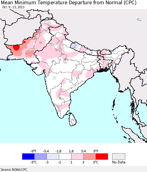 Southern Asia Mean Minimum Temperature Departure from Normal (CPC) Thematic Map For 10/9/2023 - 10/15/2023