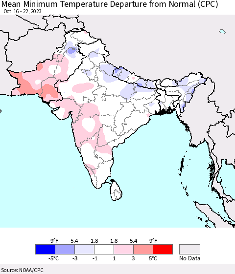 Southern Asia Mean Minimum Temperature Departure from Normal (CPC) Thematic Map For 10/16/2023 - 10/22/2023