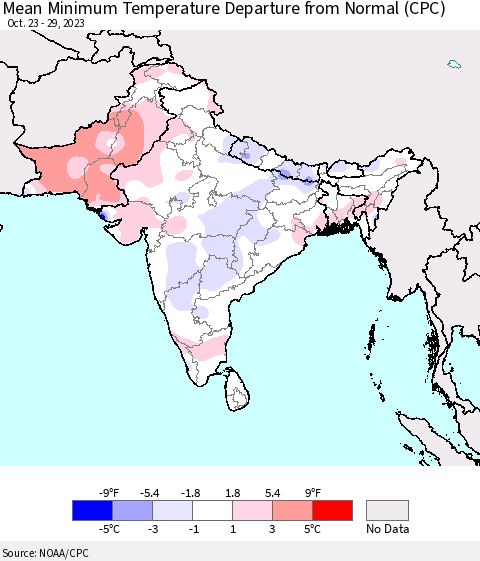 Southern Asia Mean Minimum Temperature Departure from Normal (CPC) Thematic Map For 10/23/2023 - 10/29/2023