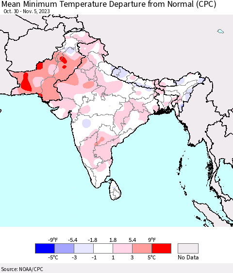 Southern Asia Mean Minimum Temperature Departure from Normal (CPC) Thematic Map For 10/30/2023 - 11/5/2023
