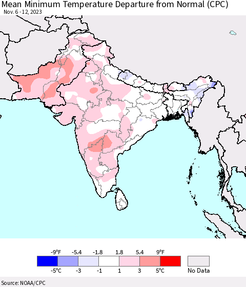 Southern Asia Mean Minimum Temperature Departure from Normal (CPC) Thematic Map For 11/6/2023 - 11/12/2023