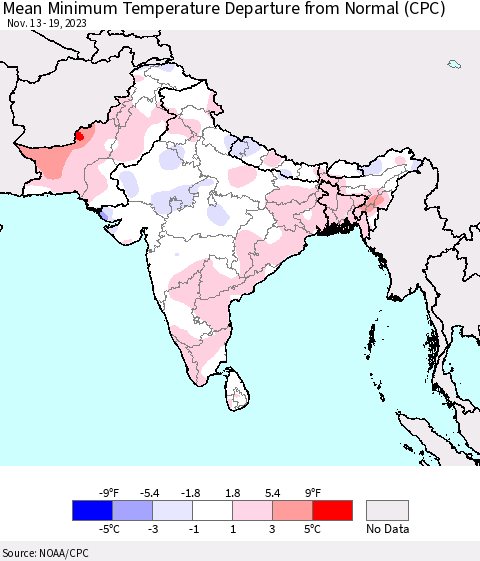 Southern Asia Mean Minimum Temperature Departure from Normal (CPC) Thematic Map For 11/13/2023 - 11/19/2023