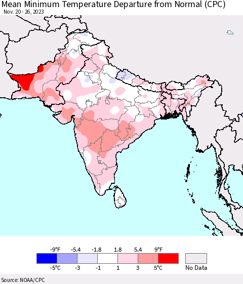 Southern Asia Mean Minimum Temperature Departure from Normal (CPC) Thematic Map For 11/20/2023 - 11/26/2023