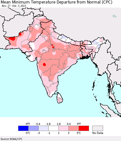 Southern Asia Mean Minimum Temperature Departure from Normal (CPC) Thematic Map For 11/27/2023 - 12/3/2023