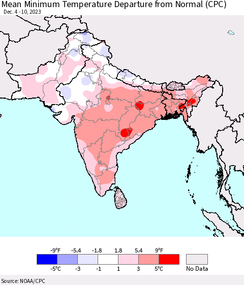 Southern Asia Mean Minimum Temperature Departure from Normal (CPC) Thematic Map For 12/4/2023 - 12/10/2023