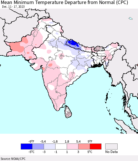 Southern Asia Mean Minimum Temperature Departure from Normal (CPC) Thematic Map For 12/11/2023 - 12/17/2023