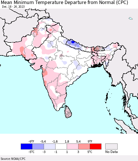 Southern Asia Mean Minimum Temperature Departure from Normal (CPC) Thematic Map For 12/18/2023 - 12/24/2023
