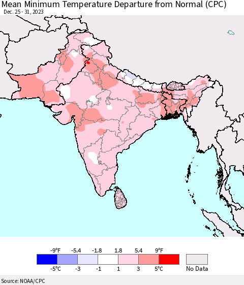 Southern Asia Mean Minimum Temperature Departure from Normal (CPC) Thematic Map For 12/25/2023 - 12/31/2023
