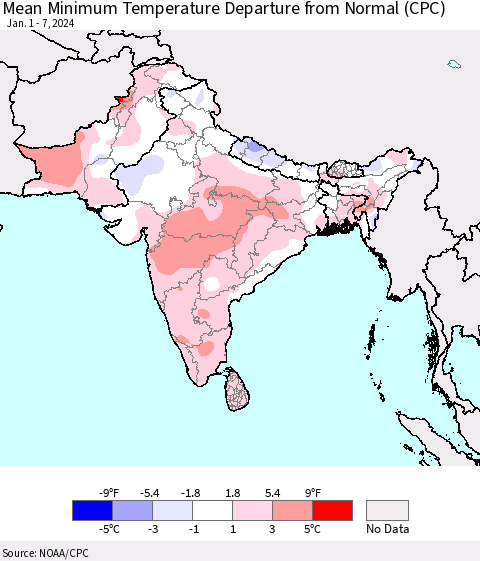 Southern Asia Mean Minimum Temperature Departure from Normal (CPC) Thematic Map For 1/1/2024 - 1/7/2024