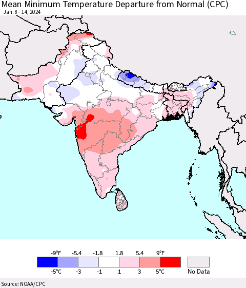 Southern Asia Mean Minimum Temperature Departure from Normal (CPC) Thematic Map For 1/8/2024 - 1/14/2024