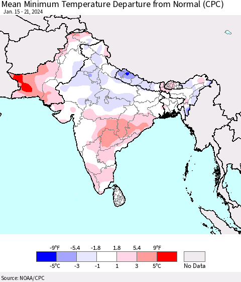 Southern Asia Mean Minimum Temperature Departure from Normal (CPC) Thematic Map For 1/15/2024 - 1/21/2024