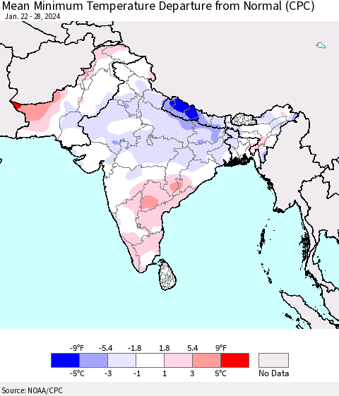 Southern Asia Mean Minimum Temperature Departure from Normal (CPC) Thematic Map For 1/22/2024 - 1/28/2024