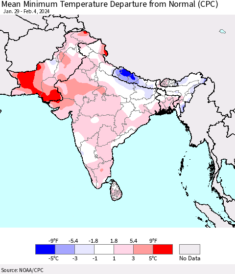 Southern Asia Mean Minimum Temperature Departure from Normal (CPC) Thematic Map For 1/29/2024 - 2/4/2024