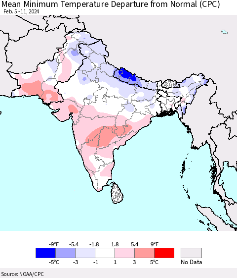 Southern Asia Mean Minimum Temperature Departure from Normal (CPC) Thematic Map For 2/5/2024 - 2/11/2024