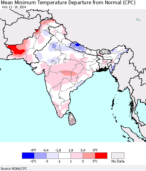 Southern Asia Mean Minimum Temperature Departure from Normal (CPC) Thematic Map For 2/12/2024 - 2/18/2024