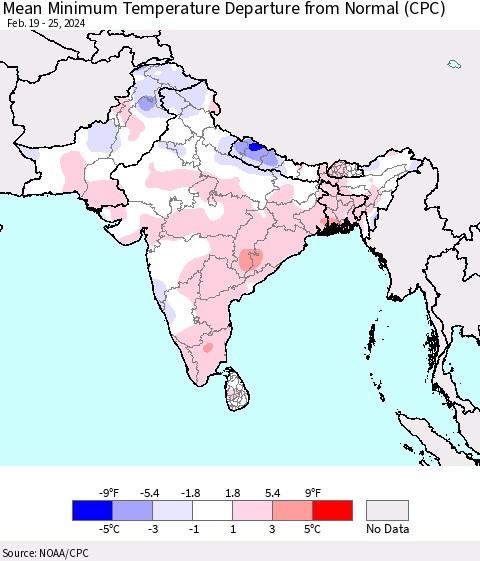 Southern Asia Mean Minimum Temperature Departure from Normal (CPC) Thematic Map For 2/19/2024 - 2/25/2024