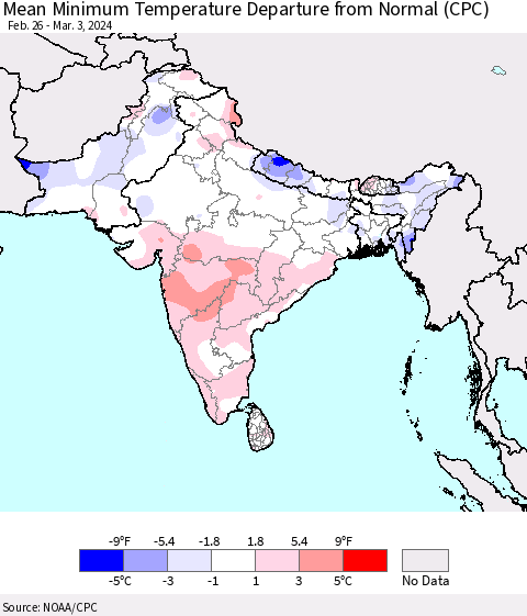Southern Asia Mean Minimum Temperature Departure from Normal (CPC) Thematic Map For 2/26/2024 - 3/3/2024