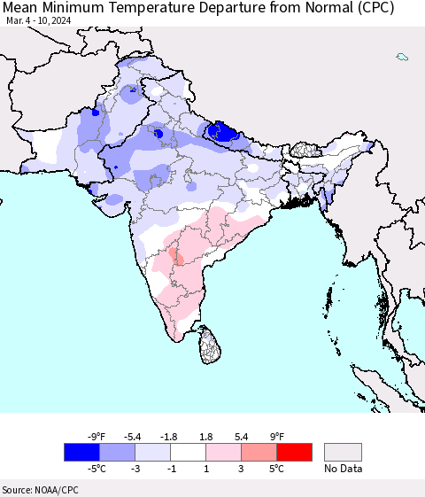 Southern Asia Mean Minimum Temperature Departure from Normal (CPC) Thematic Map For 3/4/2024 - 3/10/2024