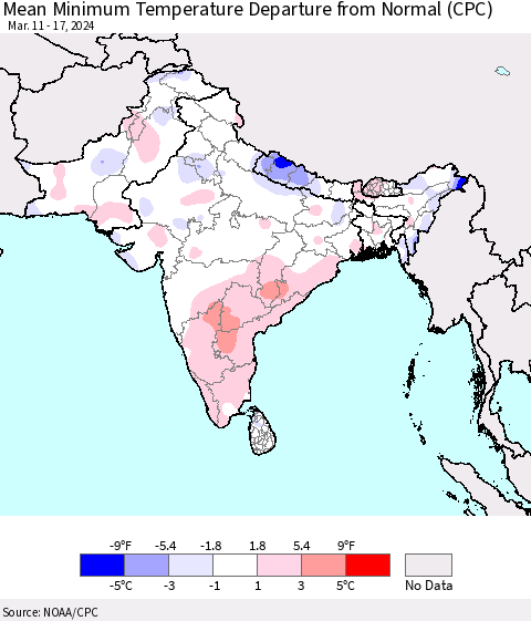 Southern Asia Mean Minimum Temperature Departure from Normal (CPC) Thematic Map For 3/11/2024 - 3/17/2024