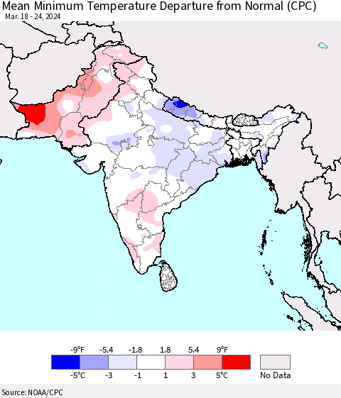 Southern Asia Mean Minimum Temperature Departure from Normal (CPC) Thematic Map For 3/18/2024 - 3/24/2024