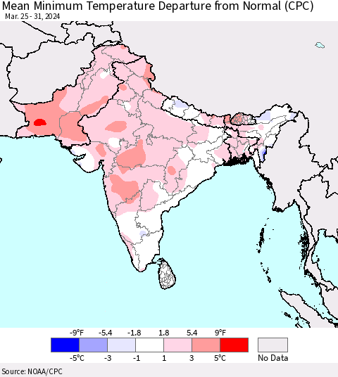 Southern Asia Mean Minimum Temperature Departure from Normal (CPC) Thematic Map For 3/25/2024 - 3/31/2024