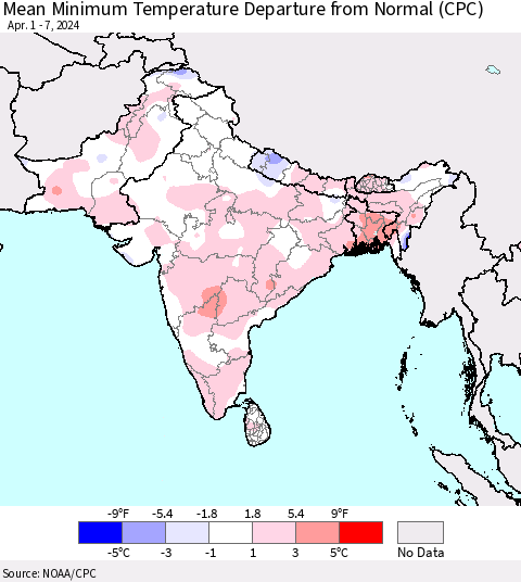 Southern Asia Mean Minimum Temperature Departure from Normal (CPC) Thematic Map For 4/1/2024 - 4/7/2024