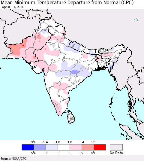 Southern Asia Mean Minimum Temperature Departure from Normal (CPC) Thematic Map For 4/8/2024 - 4/14/2024
