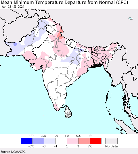 Southern Asia Mean Minimum Temperature Departure from Normal (CPC) Thematic Map For 4/15/2024 - 4/21/2024
