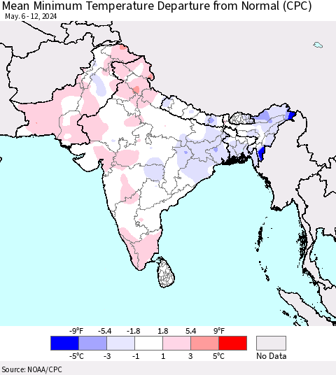 Southern Asia Mean Minimum Temperature Departure from Normal (CPC) Thematic Map For 5/6/2024 - 5/12/2024