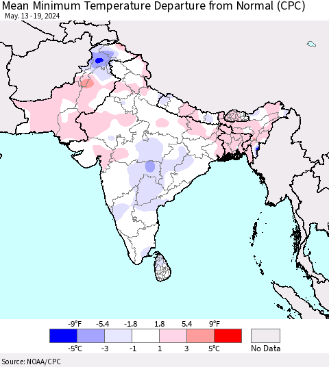 Southern Asia Mean Minimum Temperature Departure from Normal (CPC) Thematic Map For 5/13/2024 - 5/19/2024
