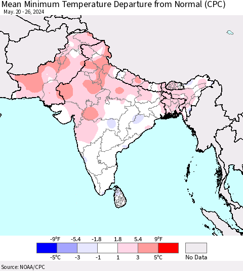 Southern Asia Mean Minimum Temperature Departure from Normal (CPC) Thematic Map For 5/20/2024 - 5/26/2024