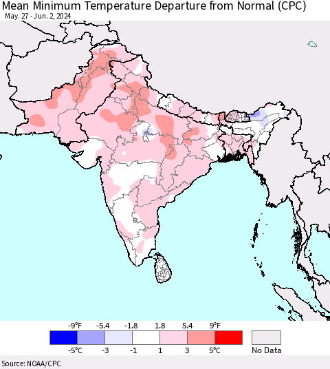Southern Asia Mean Minimum Temperature Departure from Normal (CPC) Thematic Map For 5/27/2024 - 6/2/2024