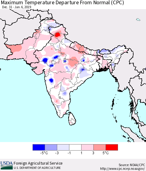 Southern Asia Mean Maximum Temperature Departure from Normal (CPC) Thematic Map For 12/31/2018 - 1/6/2019