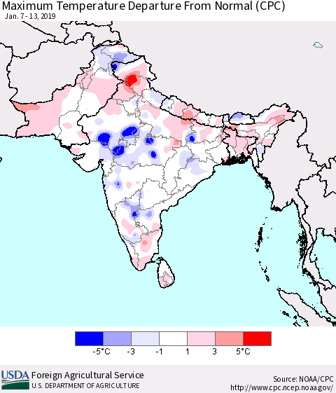 Southern Asia Mean Maximum Temperature Departure from Normal (CPC) Thematic Map For 1/7/2019 - 1/13/2019