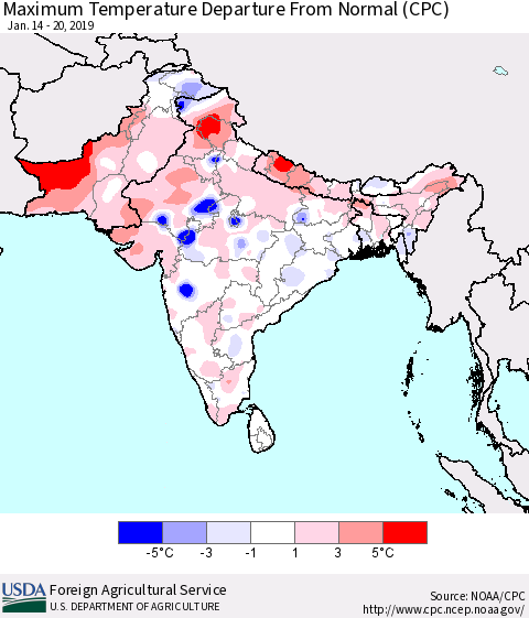 Southern Asia Mean Maximum Temperature Departure from Normal (CPC) Thematic Map For 1/14/2019 - 1/20/2019