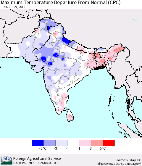 Southern Asia Mean Maximum Temperature Departure from Normal (CPC) Thematic Map For 1/21/2019 - 1/27/2019