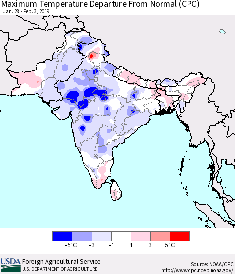 Southern Asia Mean Maximum Temperature Departure from Normal (CPC) Thematic Map For 1/28/2019 - 2/3/2019